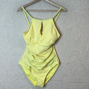 NWOT Womens Bathing Suit One Piece Neon Yellow White Key Hole Ruched M MEDIUM